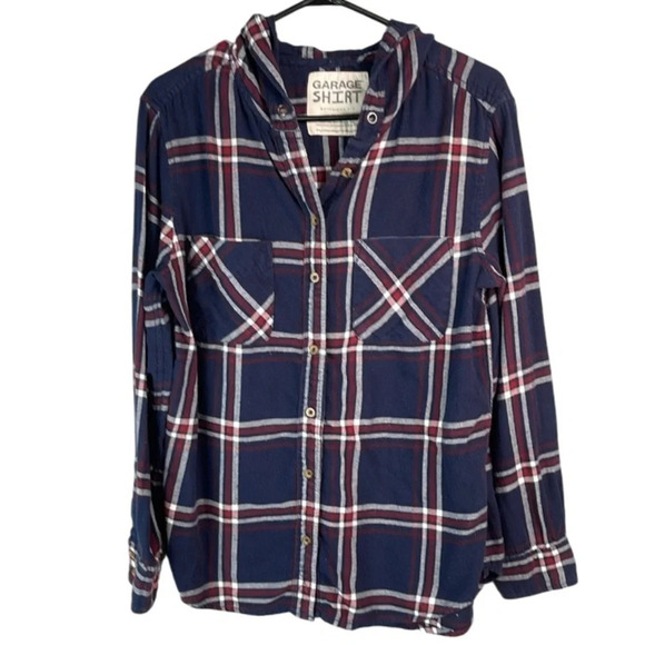 GARAGE Boyfriend Fit Plaid Hooded Flannel Shirt Navy Blue Burgundy White Size M - Picture 2 of 13